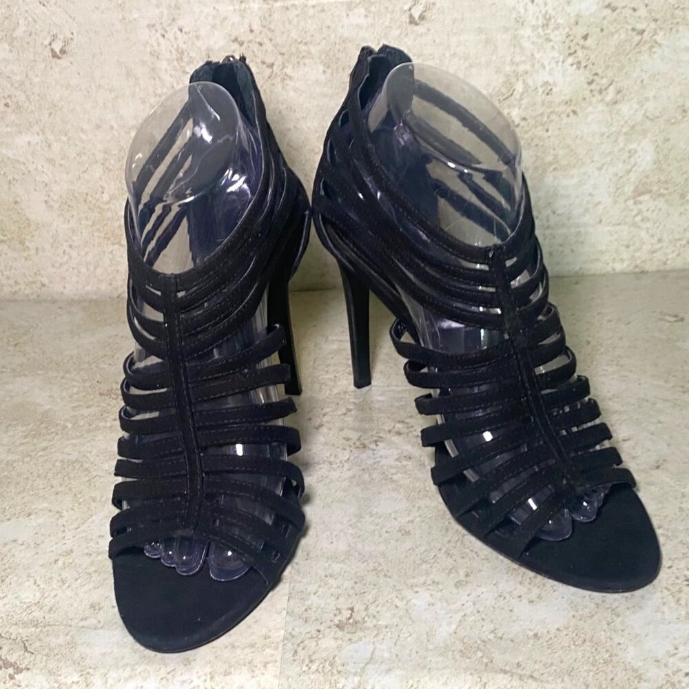 Calvin Klein Black Suede Strappy High Heel Sandals Back Zipper‎ Size 8.5